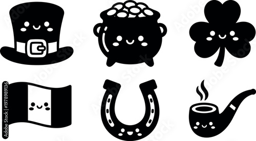 Black and white happy st patricks day icons with hat pot shamrock flag horseshoe and pipe