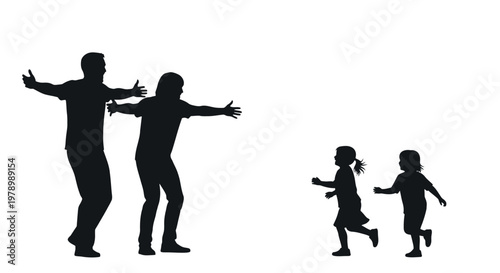 Silhouettes of a family, two adults with open arms welcoming two small children running towards them on a white background.