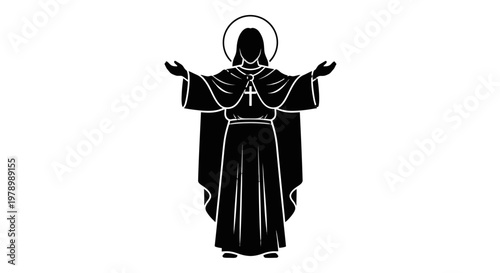 Black silhouette of Jesus Christ with outstretched arms and halo, a powerful religious icon symbolizing faith and salvation.