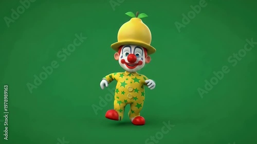 Whimsical 3D cartoon clown wearing a yellow star-patterned suit and a lemon hat, symbolizing fun, creativity, and entertainment on a vibrant green background.