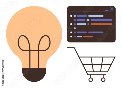 E-commerce design, online shopping, programming, web development, business innovation, software coding. Light bulb, code interface and shopping cart . E-commerce and online shopping