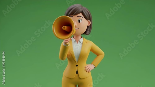 Confident 3D businesswoman in a yellow suit holding a megaphone, symbolizing communication, announcement, leadership, and marketing on a vibrant green background.