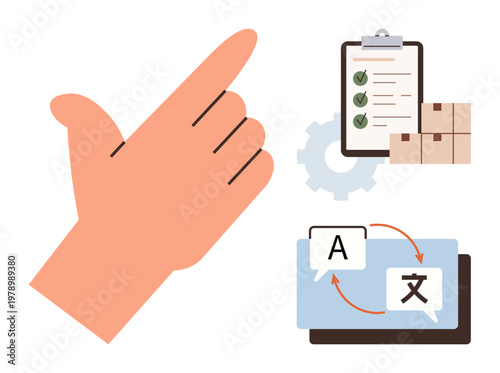 Business communication, translation, logistics, organization, workflow, language understanding. Hand pointing gesture, checklist clipboard gear boxes language translation icon. Business