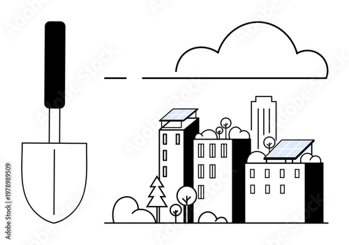 Urban living, renewable energy, eco-friendly solutions, green city initiatives, sustainability, environmental care. Cityscape with solar panels and a gardening tool. Renewable energy and urban living