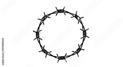 Barbed wire circle, grunge texture, black and white, isolated on white background
