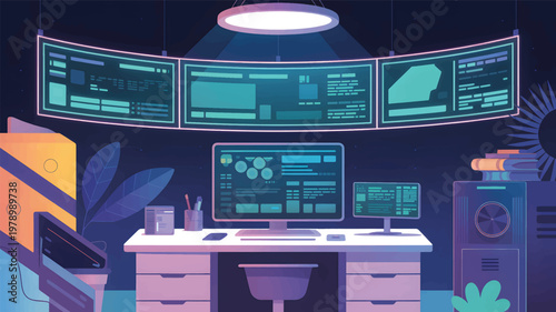 Futuristic workstation with triple curved monitors, a desktop computer, and glowing data interfaces