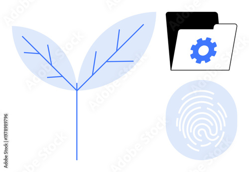Data protection, eco-friendly tech, biometrics, sustainability, digital security, technological innovation. Fingerprint, folder with gear and leaf illustration. Biometrics and eco-friendly tech