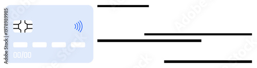 Digital transactions, fintech, secure payments, modern banking, wireless communication, ecommerce. Blue credit card with chip and contactless symbol. Digital transactions and fintech concept