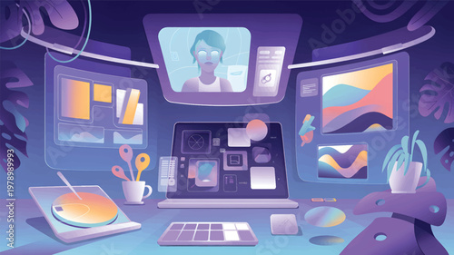 Digital workspace with multiple screens, a floating interface, and a person on call workstation