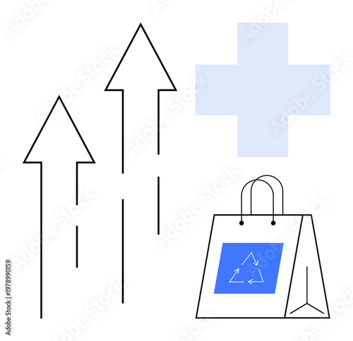Sustainability, health improvement, eco-conscious growth, recycling, medical care, eco-business. Minimalistic bag with recycle logo, medical cross growth arrows. Sustainability and health