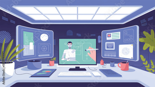 Digital artist workstation with three monitors, a robot character using a stylus on a computer screen