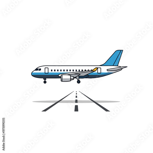 A simple illustration of a passenger airplane flying above a landing runway strip