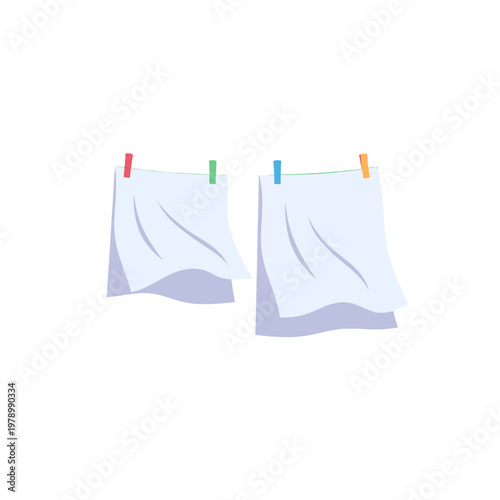 Two white sheets hanging on a clothesline with colorful clips against white background