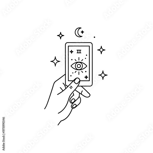 A hand holding a mystical card with an eye symbol and stars in a simple line art style