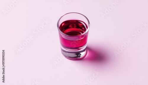 Minimalist Composition of Vibrant Pink Liquid in a Clear Glass on Light Pink Surface