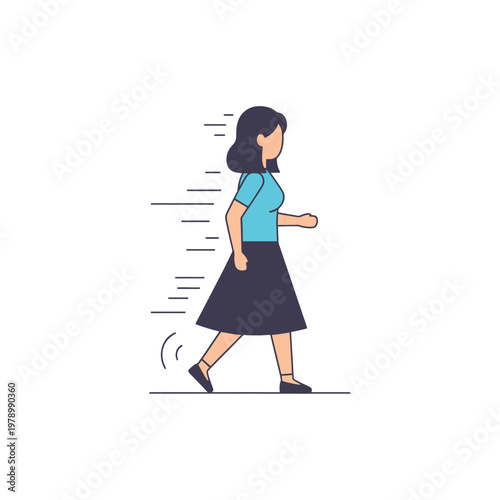 A stylized illustration of a woman walking quickly across a plain white background
