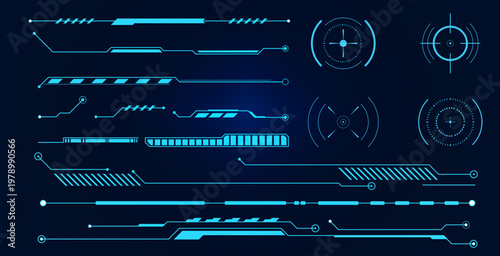 Futuristic Digital HUD Elements and Interface Graphics with Neon Blue Accents on a Dark Background