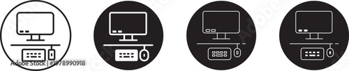 Computer workstation icons set showing monitor keyboard