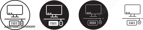 Computer workstation icons set showing monitor keyboard