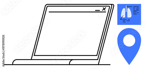 Medical technology, telehealth, online diagnostics, GPS tracking, healthcare solutions, remote services. Laptop screen, lung X-ray location pin. Telehealth and online diagnostics