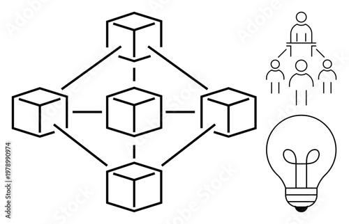 Blockchain network. Blockchain technology and distributed network through interconnected nodes. Blockchain explored for innovation, teamwork, and secure data systems. Relevant for technology
