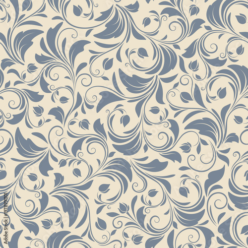Seamless floral pattern with small flowers and leaves on a beige background. Vector swirl floral print