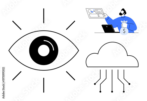 Business analysis, cloud technology, financial growth, digital economy, data security, innovation. An eye, a cloud with circuit lines and a businessman with money. Data security and business