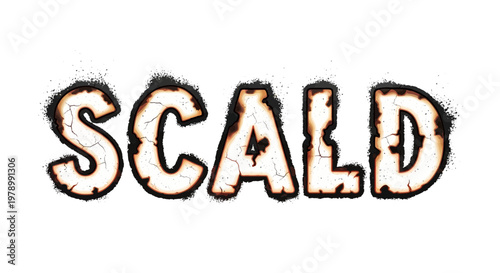 Burnt word SCALD with cracked texture and ash, concept of damage or heat