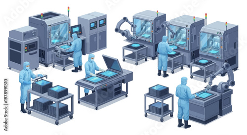 Isometric illustration shows workers in clean suits operating specialized automated machinery in a modern manufacturing factory with robotic arms, creating a clean and sterile atmosphere