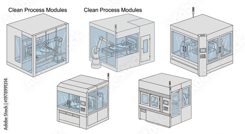 Isometric drawing showcases several clean process modules, depicted in a technical style with white and light blue hues, set against a plain background, ideal for illustrating manufacturing