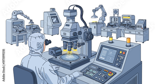 An engineer in cleanroom suit operates a sophisticated piece of equipment in a high-tech manufacturing environment, depicted in a detailed vector illustration with cool, neutral tones