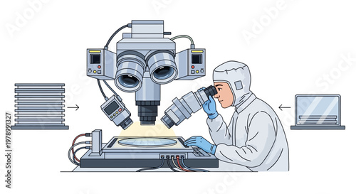 Side view illustration depicts a worker in a clean suit using a microscope to analyze a wafer in a bright, sterile manufacturing environment, rendered with a flat style and a focus