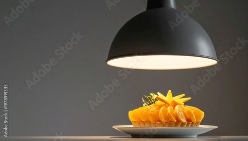 Elegant Mango Cake Under a Warm Lamp - A Culinary Delight.
