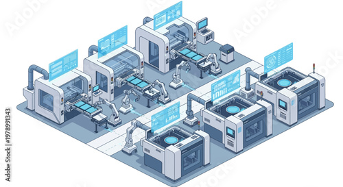 Isometric view of an automated production line in a modern factory, showcasing robotic arms and advanced machinery against a clean white background, rendered in a light, bright style