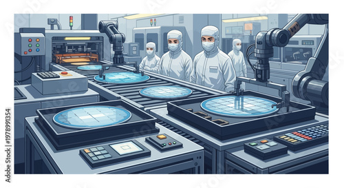A clean, flat illustration shows technicians in clean suits inspecting silicon wafers on a conveyor belt in a sterile factory setting, with robotic arms and warm lighting conveying a sense