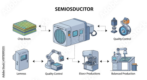Isometric diagram showing a chip boom, quality control, direct and balanced productions, and a stepper, all part of a computer production line against a white background, rendered