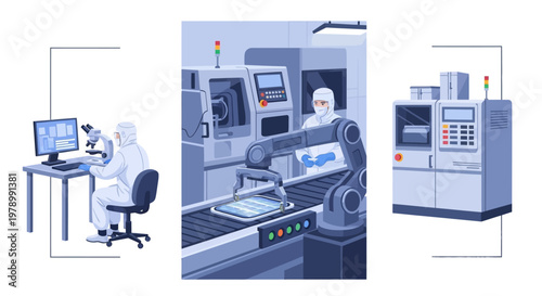 A vector illustration depicts a worker in a clean suit using a microscope next to a robotic arm on a conveyor belt in a light blue minimalist factory setting, conveying precision