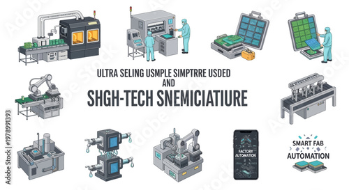Isometric illustration showcasing diverse automation processes in a modern factory, including robotic arms, workers in clean suits, and motherboard production, set against a clean white