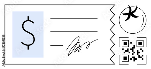 Financial transactions, digital payments, money exchange, fintech, QR authentication, secure banking. A check with a dollar sign, signature QR code and decorative elements. Financial transactions