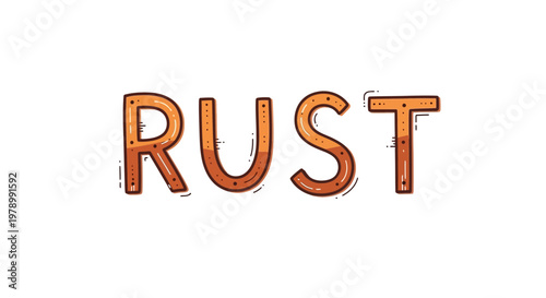 Rust text logo, orange, rusty, metal letters, isolated on white background