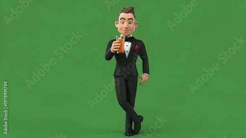 3D Character Man in Tuxedo Holding Orange Juice, Cheers and Celebration on Green Screen