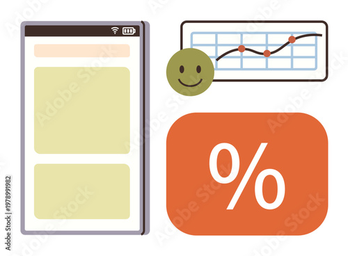 Mobile applications, analytics, data tracking, performance metrics, financial analysis, user feedback. A smartphone interface, percent sign smile icon and growth trend graph. Analytics and data