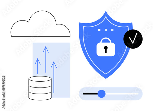 Data security concept. Data using cloud storage and shield symbols to illustrate data protection. Data safeguards privacy and secure access. Ideal for cybersecurity, tech solutions, IT services