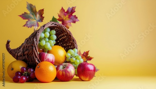 Abundant autumnal bounty: a horn of plenty overflows with vibrant fruits