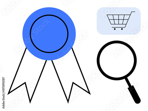 E-commerce essentials. Blue award ribbon quality, magnifying glass indicates search capability, shopping cart highlights online purchasing. Perfect for e-commerce, quality assurance, branding