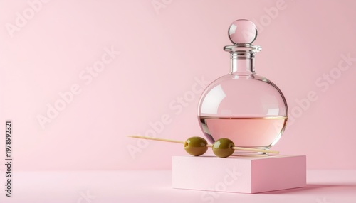 Elegant still life featuring a decanter filled with ros? and olives on a skewer