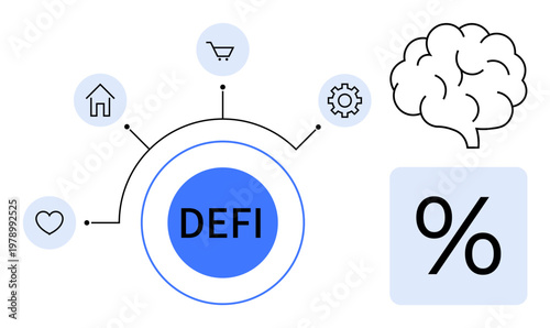 Cryptocurrency, financial technology, blockchain, smart contracts, digital assets, monetary system. Circular diagram with DEFI text and icons for brain, percent heart and gears. Cryptocurrency