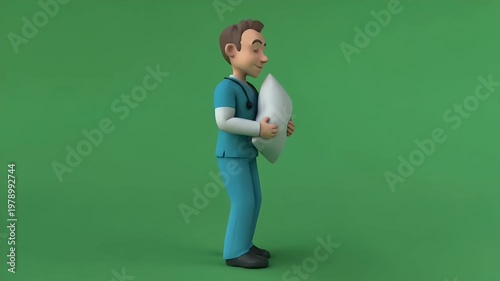 Male Nurse Character in Scrubs Holding Pillow, Patient Comfort and Care Concept