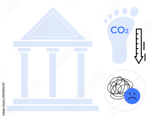 Sustainability, environmental impact, mental health, stress management, climate change, emissions reduction. Symbols include a carbon footprint, emission reduction arrow, a stressed face