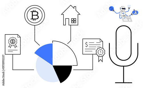 Cryptocurrency, financial planning, AI technology, legal documentation, smart homes, digital innovation. A pie chart linking Bitcoin, real estate AI documents and a microphone. Financial planning
